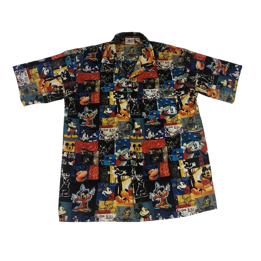 Vintage Disneyland Mickey Mouse Collage Patchwork Hawaiian AOP Shirt Mens Large